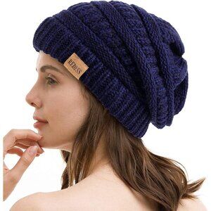 Women's Slouchy B2 Navy Beanie Winter Warm Chunky Soft Skull Cable Knit Hat Cap